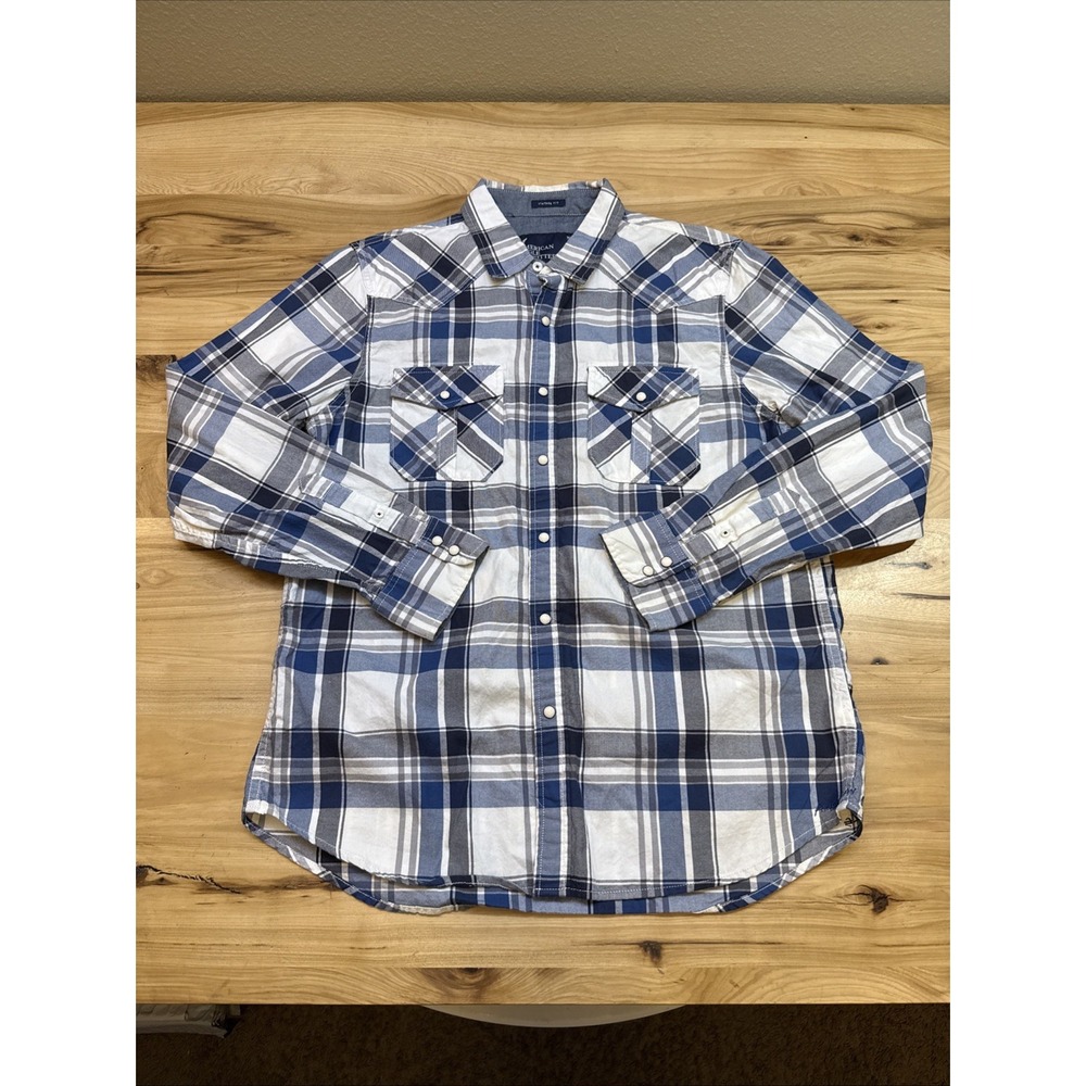 American Eagle Mens White Plaid Western Pearl Snap Long Sleeve Shirt Size Large
